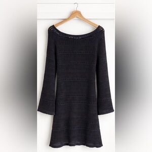 Black Crochet Shift Dress with Long Sleeves